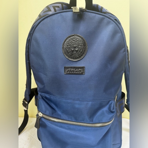 Versace Parfums Dylan Nylon Blue Backpack Bag Travel Logo Medusa Zip Lightweight - Picture 2 of 16